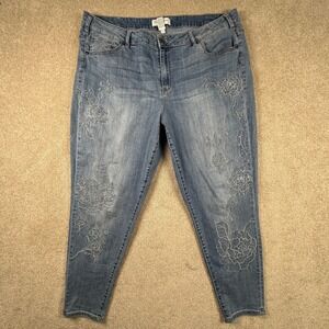 Lane Bryant Floral Embroidered Skinny‎ Jeans Medium Wash Rhinestone Womens 22
